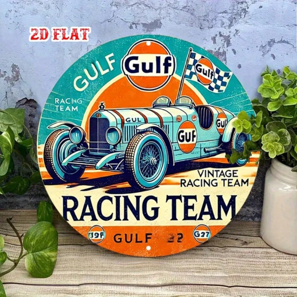 Vintage Gulf Racing Metal Wall Poster Round Sign Garage Decor
