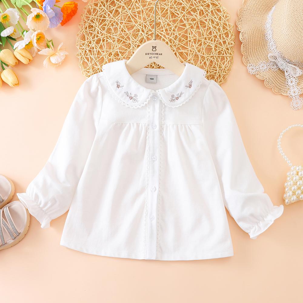

Белая блузка для девочек ясельного возраста в корейском стиле, с вышитым воротником и длинными рукавами, из чистого хлопка, повседневная детская рубашка, 2-6 лет 130 белый