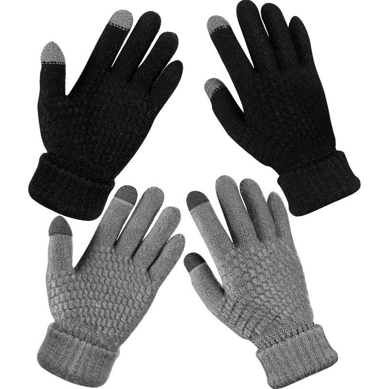 2Pairs Women's Winter Touchscreen Gloves Warm Fleece Lined Knit Gloves Elastic Cuff Winter Texting Gloves