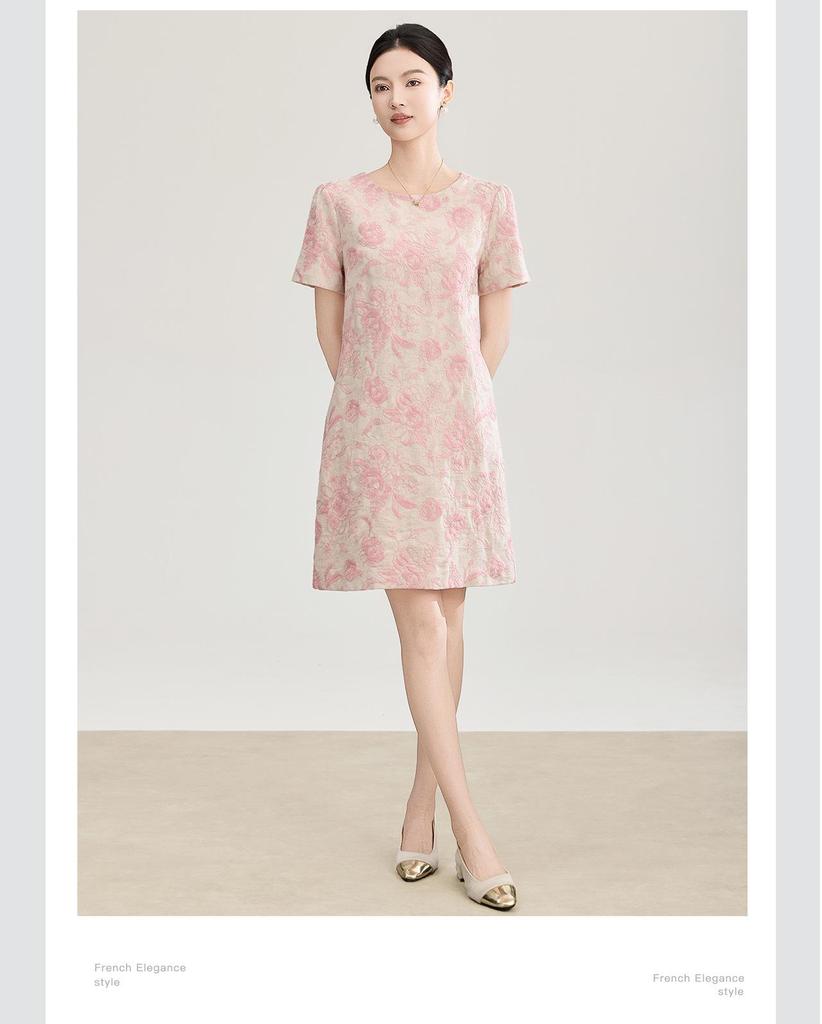 Nanyou Elegant Embroidered Jacquard Linen A-line Dress with Waist-cinching Short Sleeves for Spring/Summer Style