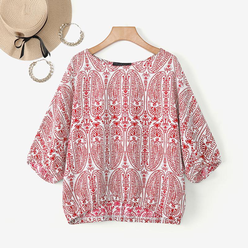 

ZANZEA Женская повседневная блузка с круглым вырезом, цветочным принтом и рукавами 3/4 4XL красный