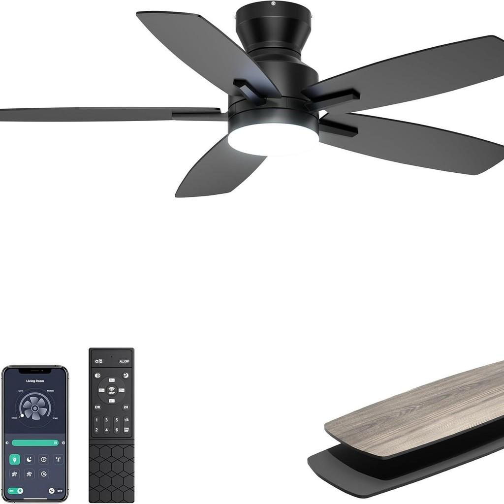

Flush Mount Retro Walnut Fan Light 5-blade Ceiling Fan Lamp Tri Color Infinite Dimming Ceiling Fan Lighting Fixture 105cm Black