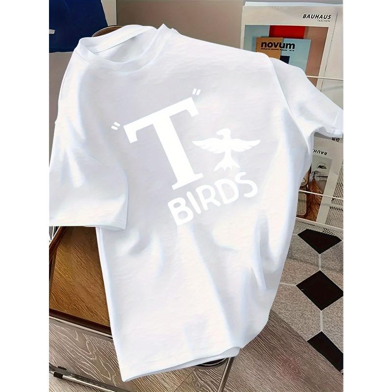 European Sizes Vintage T-Shirt with T-Birds Classic Pattern - Trendy Short Sleeve Casual Top, Regular Fit, Crew Neck, Summer Style