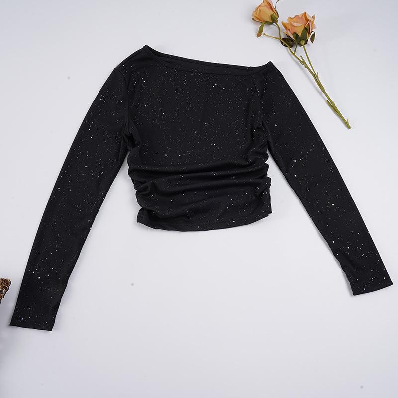 Women's Off-Shoulder Rhinestone Waist-Cinching Long-Sleeve Top