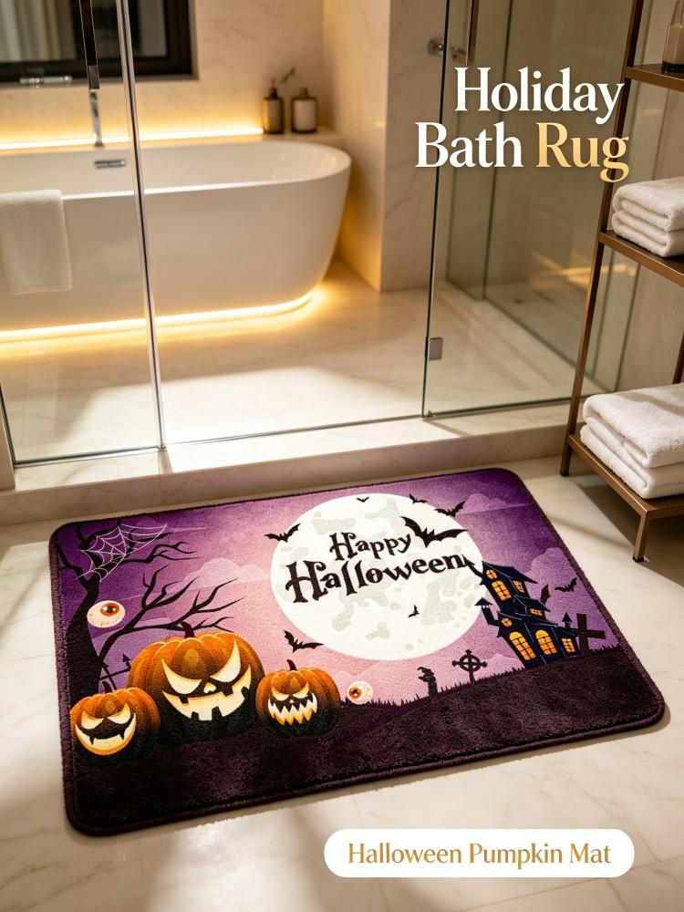 Happy Halloween Bath Mat Pumpkin Ghost House Bat Pattern Non‑Slip Absorbent Floor Rug for Bathroom Entryway Home Halloween Party