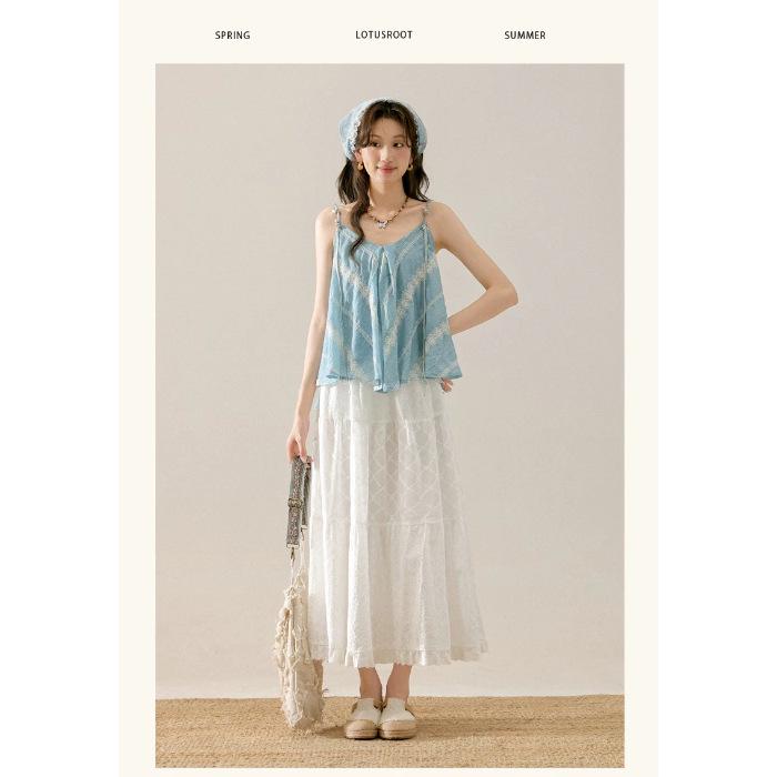 Blue Beaded Embroidery V-Neck Irregular Loose Camisole for Women 2XL