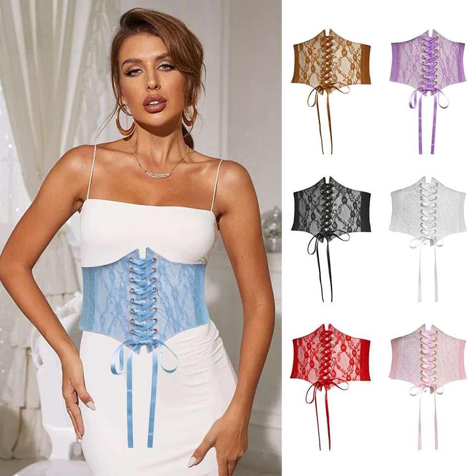 Wide Lace Corset Waist Belt Flower Embroidery PU Leather Waistband Strap Stretchy Decorative Slimming Body Belts
