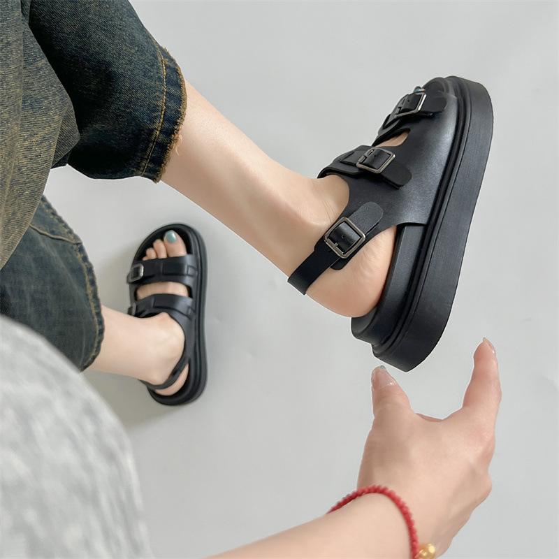 Popular Internet celebrity retro black platform one-word sandals women's 2025 new skirt with high-end Roman shoes