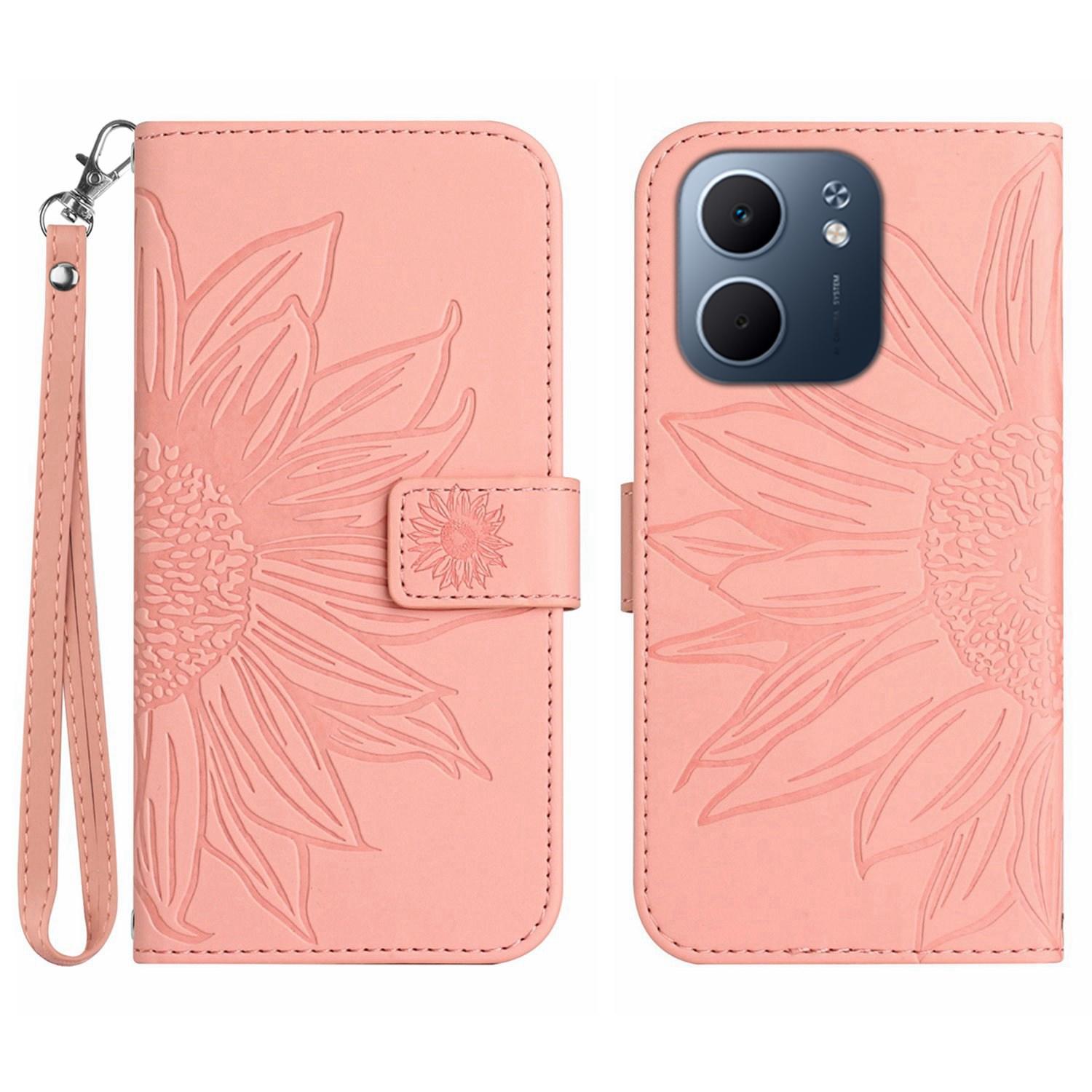 

For Oppo A5x 5G/4G Case Sunflower Imprint Leather Wallet Phone Cover with Wrist Strap Pink