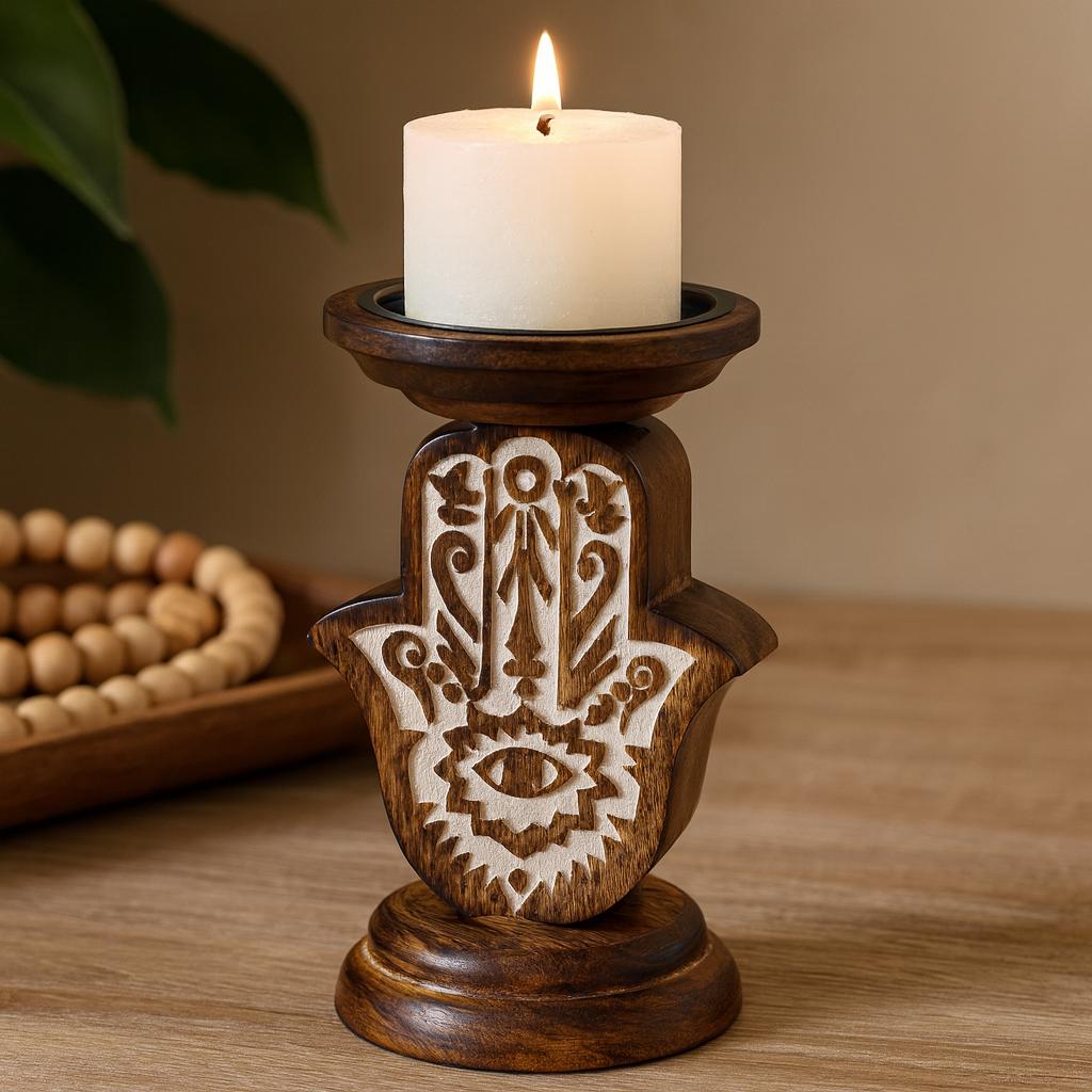 Hamsa Candle Holder Mango Wood, Small 18x11cm