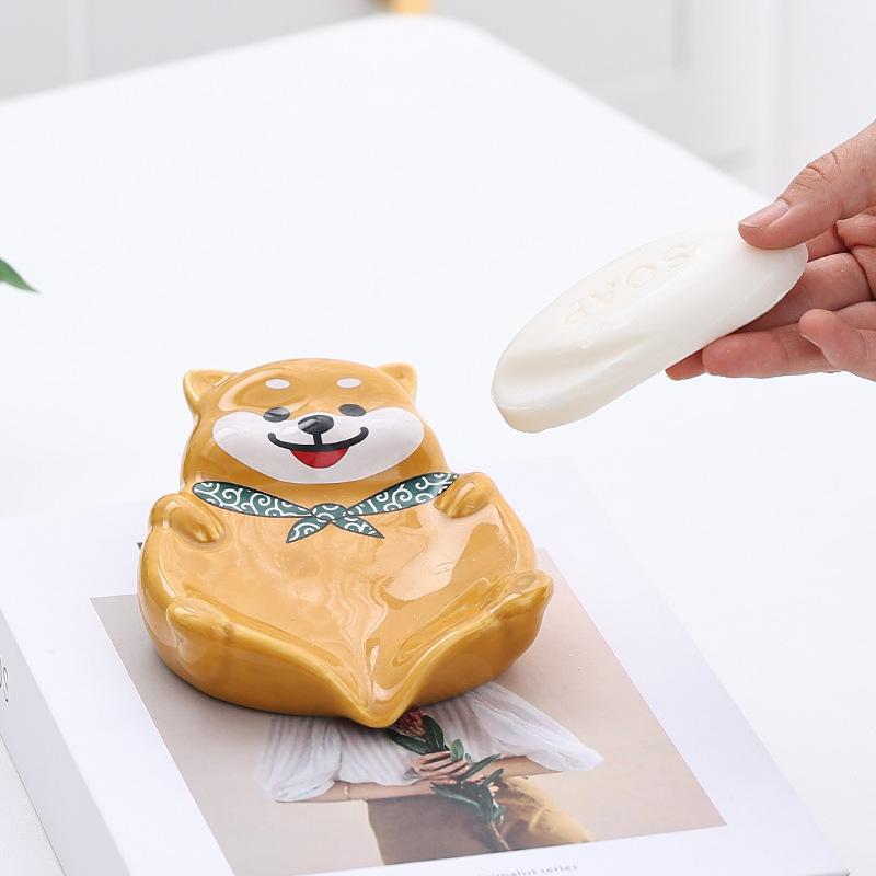Cute Shiba Inu Ceramic Soap Box Storage Cartoon Soap Box Toilet Drain Shelf Soap Dish Cute Pet