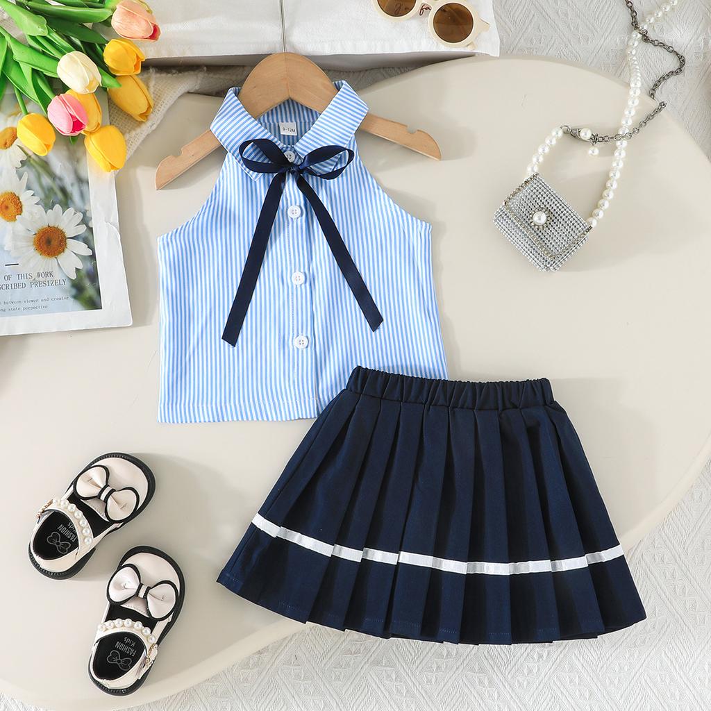 Mädchenmode-Set: Sommer Preppy-Style Gestreiftes Oberteil + Faltenrock Zweiteiliges Set