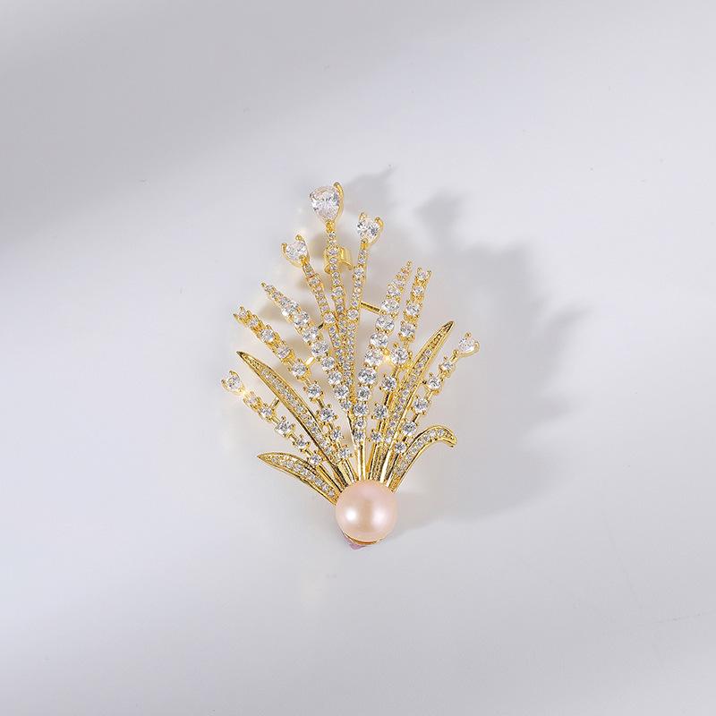Exquisite Copper  Zirconia Grass Brooch with Freshwater Pearl