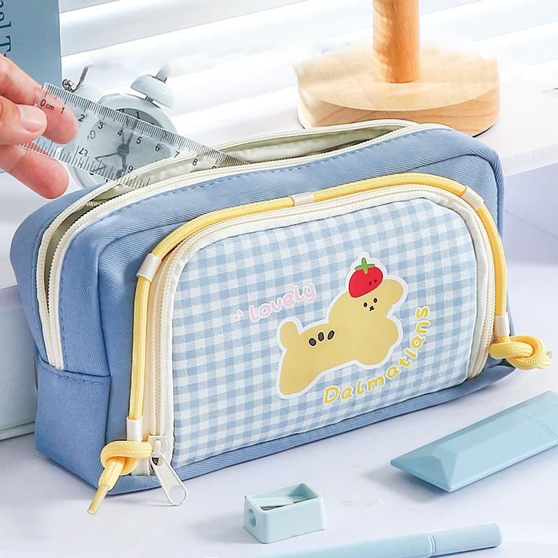 Retro Plaid Cute Dog Pencil Case – Large Capacity Kawaii Accessories Supplies Organizer – Trendy Pen Pouch
