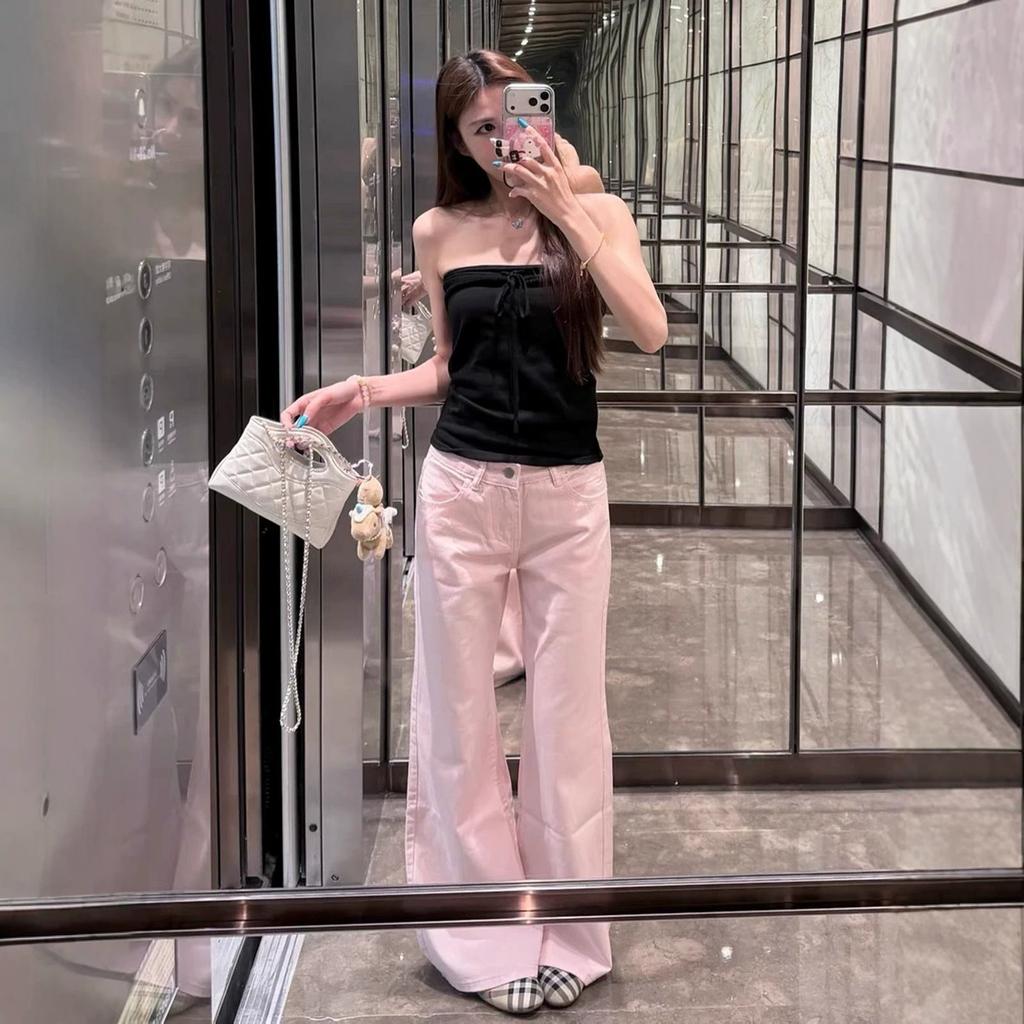 Damen Straight Leg Jeans Casual Einfarbige Baumwollmischung Hohe Taille Tägliche Streetwear Lange Hosen