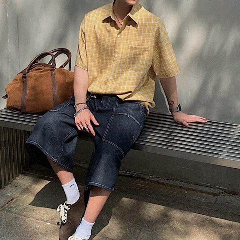 Summer Stylish Short Sleeve Shirt Men's Streetwear Vintage Button Up Turn Down Collar Shirts Trendy Men Plaid Printed