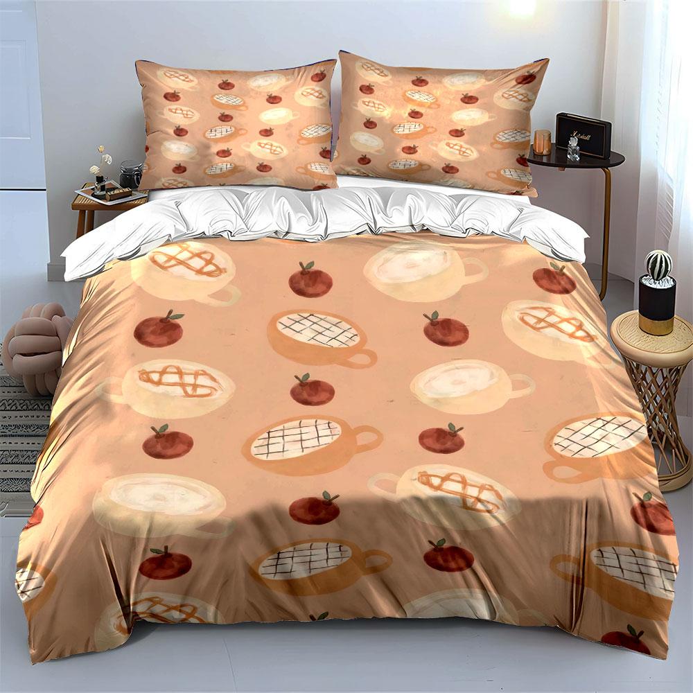 Coffee and Apple Design Set Bedding Set with 1 Duvet Cover 2 Pillowcases Single Double King Queen, Gift