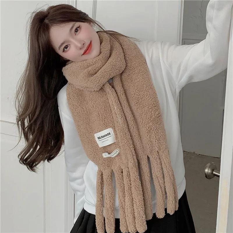 

WTEMPO Пушистый карманный шарф женский осенне-зимний милый женский шерстяной теплый толстый холодостойкий ветрозащитный плюшевый шарф с кисточками One Size кофейный