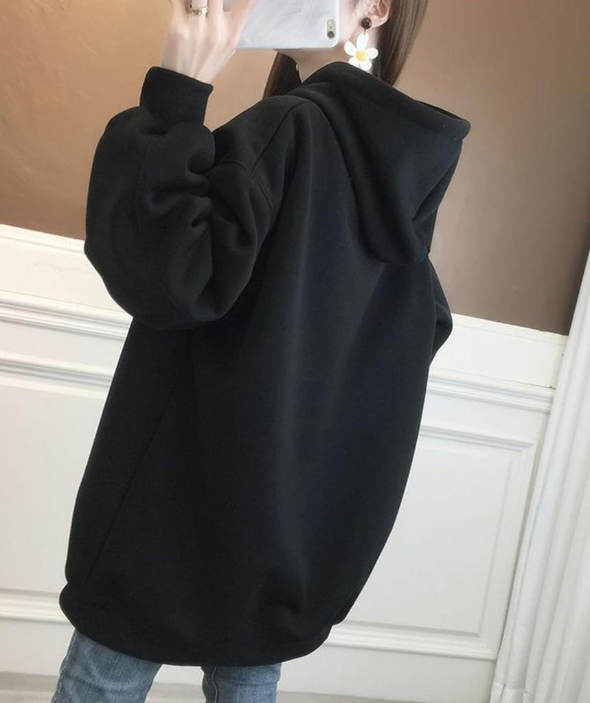 Pullover Plus Sizes Women's Fall/Winter Loose-Fit Long-Sleeve Fleece-Lined Hoodie, Stylish, (JP, Alphabet, M, Black)