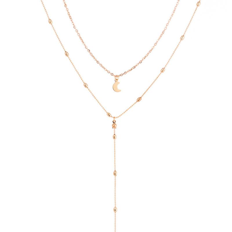 Stylish Retro Women's Collarbone Chain Jewelry, Double Bead Chain Fringed Moon Pendant Necklace