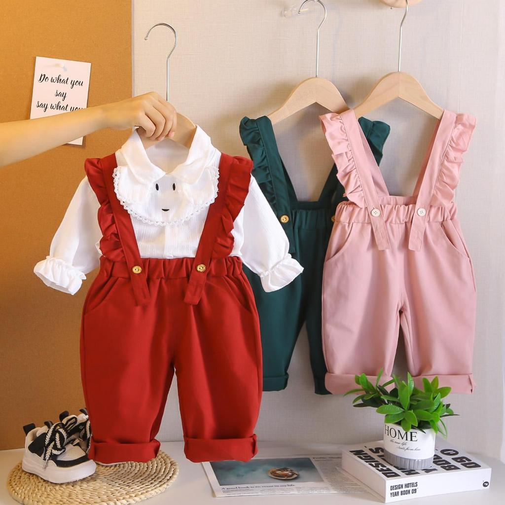 0-5-year-old Girls' Long Sleeved 2-piece Set, Girls' Lapel Lace Shirt, Casual Shoulder Strap Pants, Children's Fashion Set