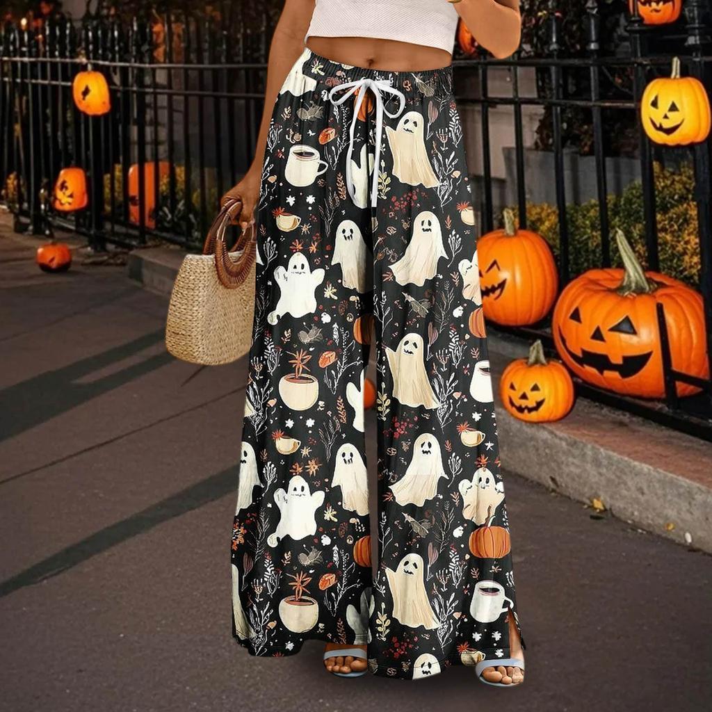 Women's Casual Wide Leg Pants Stretch Belt Pocket  Print Adjustable Tie Pants