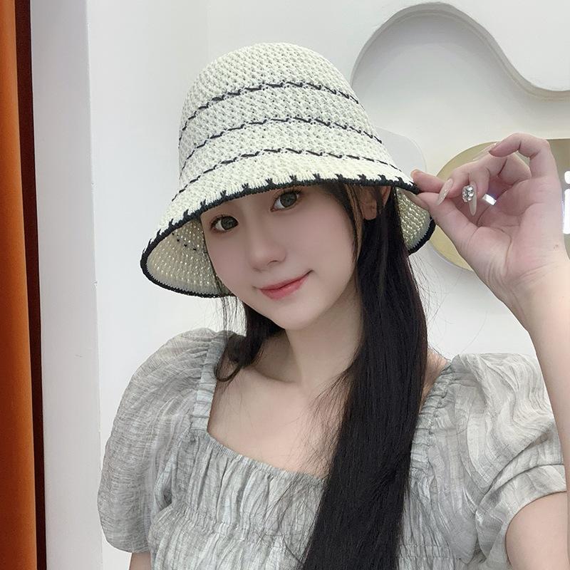Color matching striped plain and versatile bucket hat summer hollow breathable sun hat dome showing face small straw bucket hat