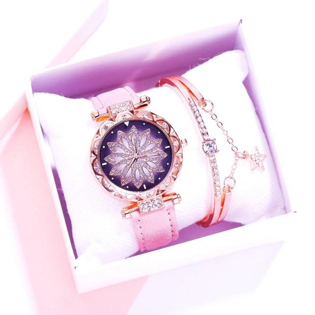 Women Watches Wrist Bracelet Set Starry Sky Ladies Wrist Bracelet Watch Casual Leather Quartz Wristwatch Clock Relogio FemininoCasual Bracelets