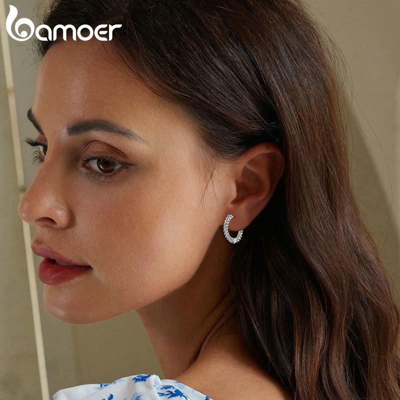 Bamoer 925 Silver Twisted Chain Ear Buckles Simple Punk Style Silver Hoop Earrings for Women Fine Jewelry