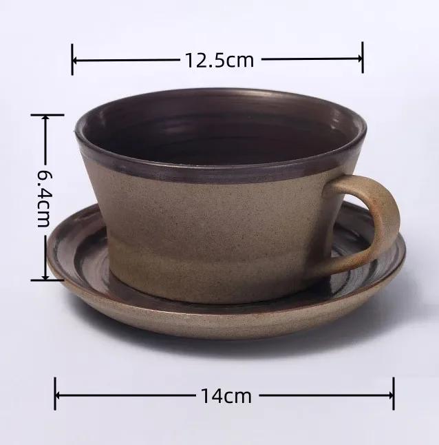 Japanese Style Stoneware Coffee Cup and Saucer Set Handmade Retro Mark Cup 350ml Large Capacity Household Milk Breakfast Cup
