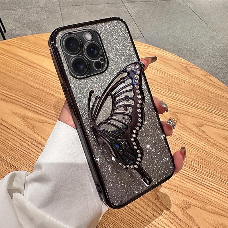 Suitable for IPhone15 Mobile Phone Case Silicone Case Quicksand Butterfly Stand Apple 16Promax Glitter 13/14