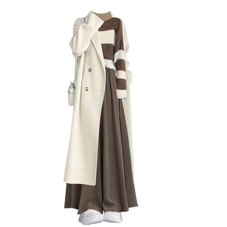 Women's Plus Size Fashion Trench Coat & Knit Sweater with Skirt and Pants Set - Autumn/Winter 2025