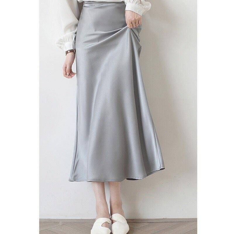 Qooth Women Solid Color Acetate Satin Bodycon Skirt Calf Length Elegant High Waist Shiny Skirt For Spring Summer QT2062