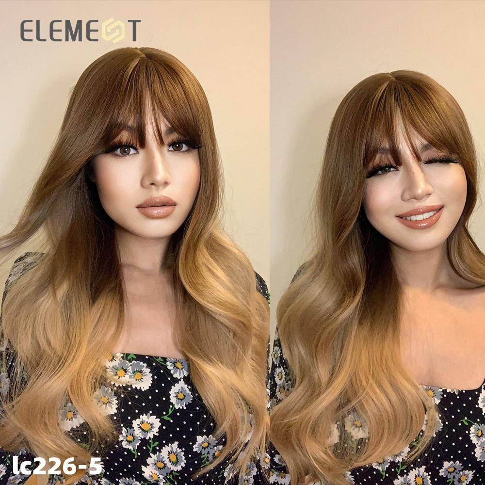 Synthetic Wig Long Medium Water Wavy Ombre Dark Brown with Bangs Wigs for Women Party Daily Hair Heat Resistant Natural