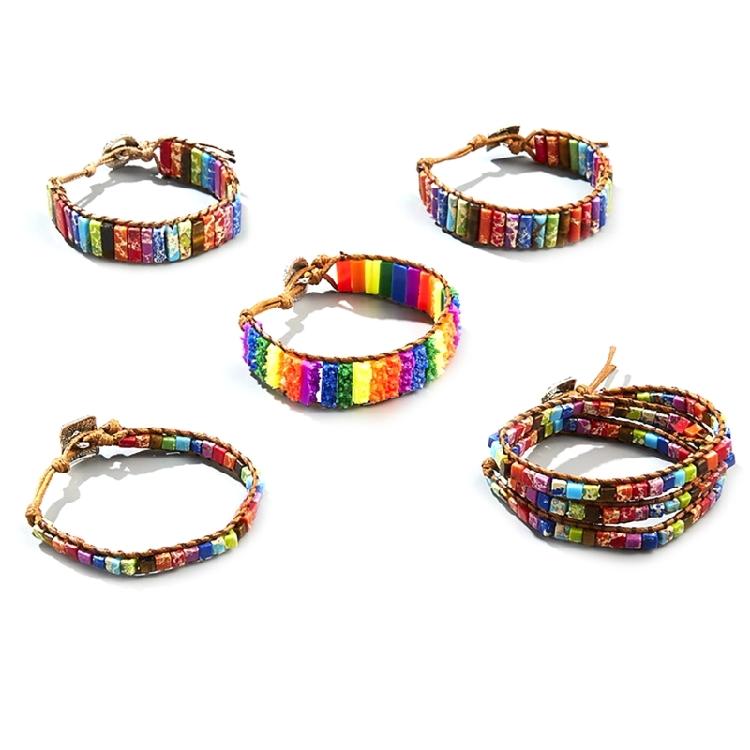Stone Wrap Leather Bracelets Vintage 2 Strands Multilayer Woven for Women Men
