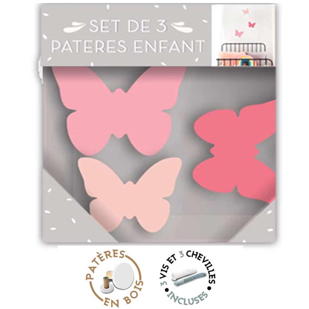 Les Trésors De Lily [R1068] - Trio of Pink 'Butterflies' Wooden Hooks - 7x6 Cm - 6x3 Cm and 5x2 Cm