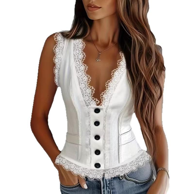White Sleeveless Top with Lace Trim and Black Buttons