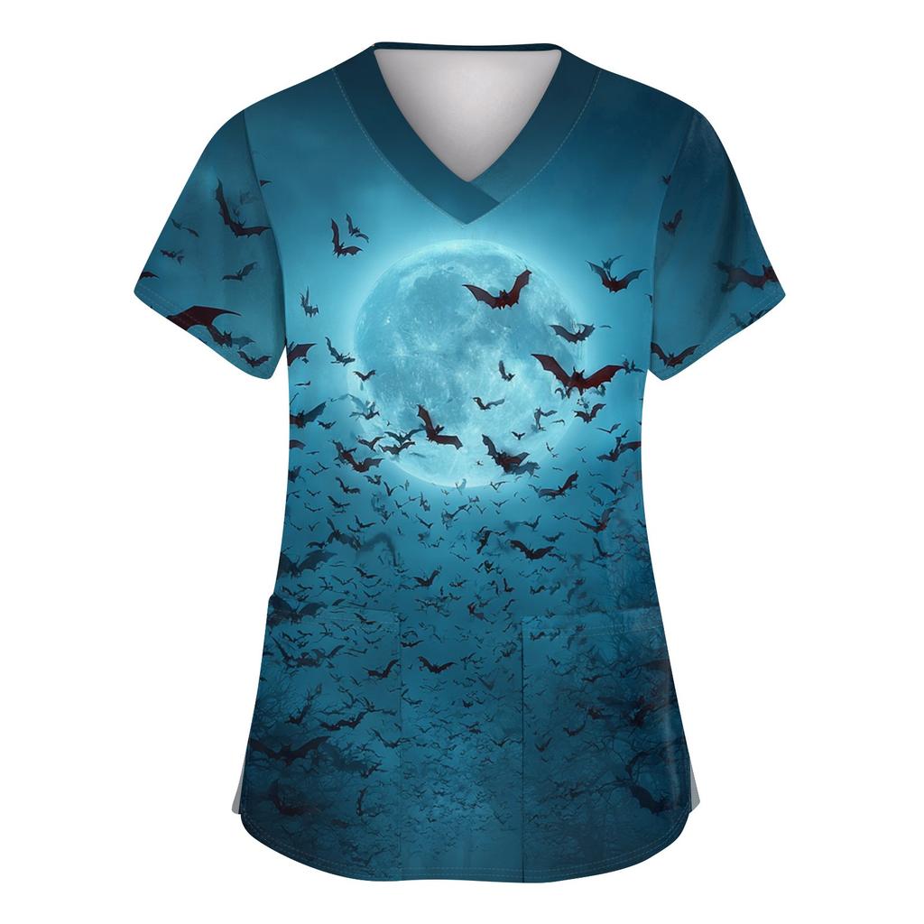 Damenmode Kurzarm Halloween Bedruckt V-Ausschnitt Tasche Arbeitskleidung Tops