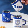 Couple Mug with Lid Mirror Cup Cool Blue Bear Cartoon Style Ceramic Cup Work Coffee Cup Mug Set Water Drinking Cup Gift Durable