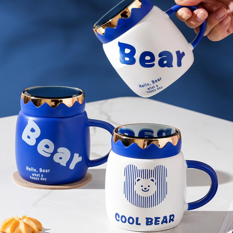 Couple Mug with Lid Mirror Cup Cool Blue Bear Cartoon Style Ceramic Cup Work Coffee Cup Mug Set Water Drinking Cup Gift Durable