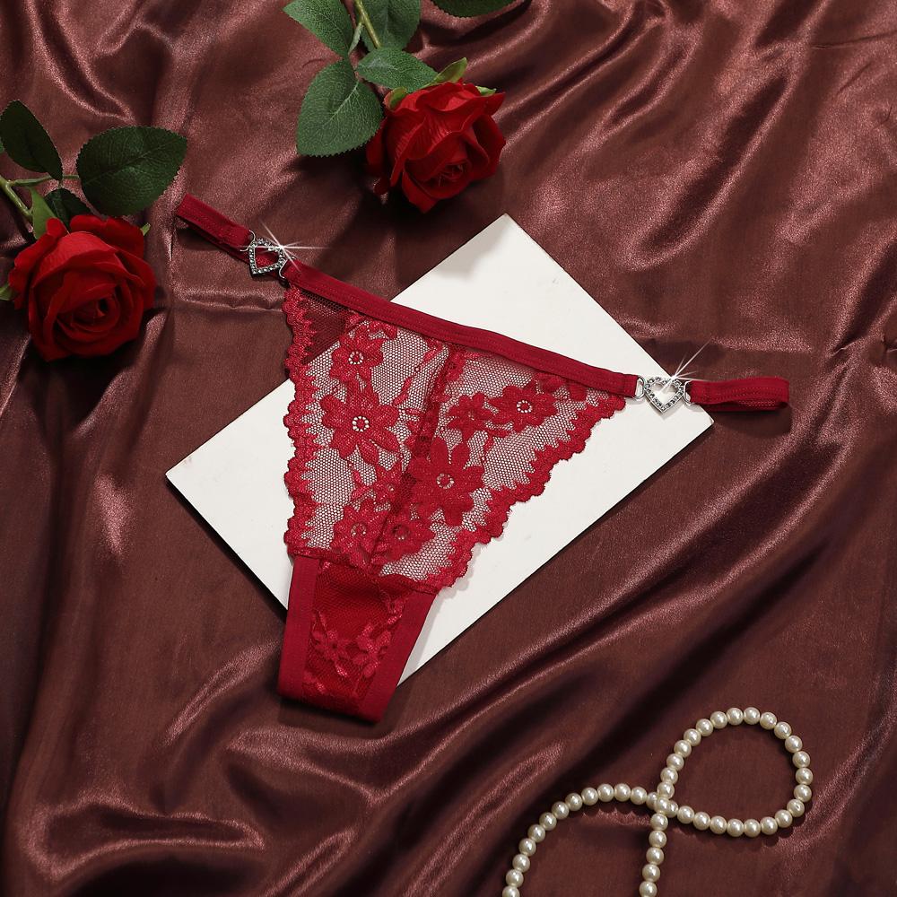 Women's Panties Heart Rhinestone Jacquard Low Waist Lace Translucent Flower Underpants Ventilate Underwear Super Comfortable