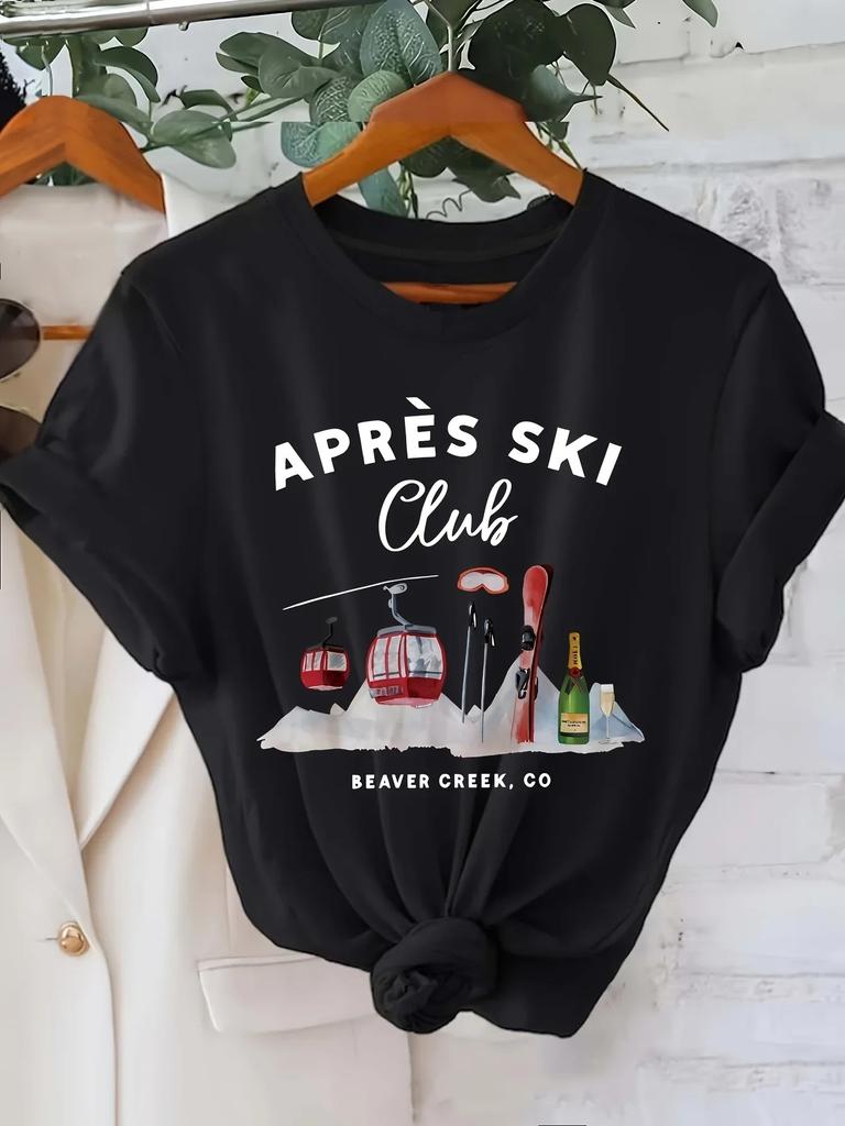 Womens Après Ski Club Graphic Print with Ski Lifts Snowboards Casual Short Sleeve Crew Neck Top for Spring Summer Women Clothes