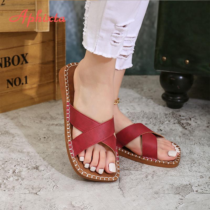 Aphixta Concise Cross Strap Slides TPR Sole Woman Slippers Square Toe Flip Flops Wine Red Flat With Beach Shoes Outside Sandals