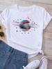 Maycaur T Shirt Women Moon Planet Print Fashion Tee Shirts Casual Round Neck Short Sleeve Streetwear Female T-Shirt Vintage Tops