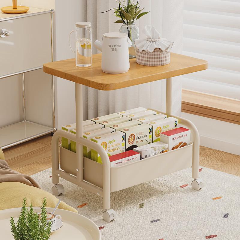 Movable Double Layer Coffee & Tea Table with Wheels and Storage Shelves for Living Room or Bedroom
