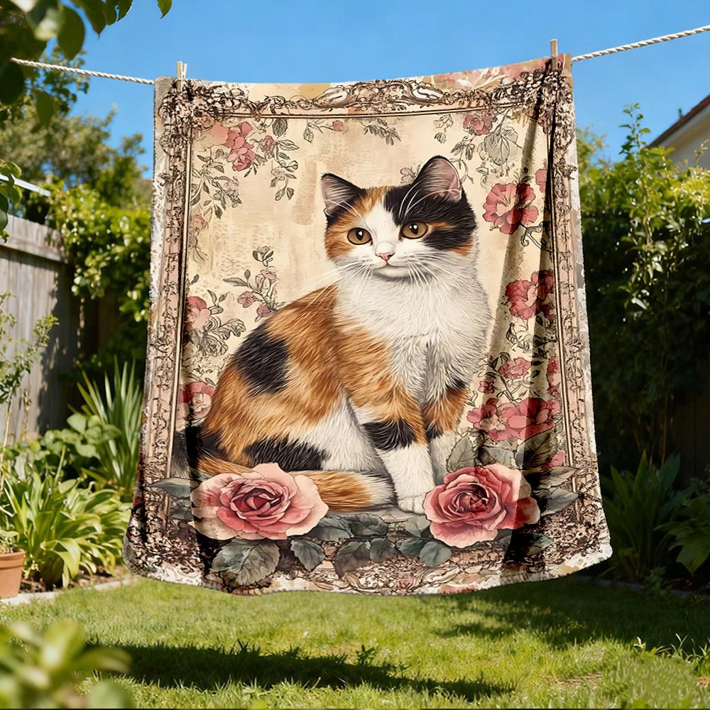 1pc Cat Portrait Outdoor Flannel Blanket Soft All Season Polyester Throw , Perfect for Picnics & Travel , Picnic Accessory
