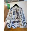 Women Bohemian Print Blouse Tie Neck Long Sleeve Loose Fit Casual Chiffon Top
