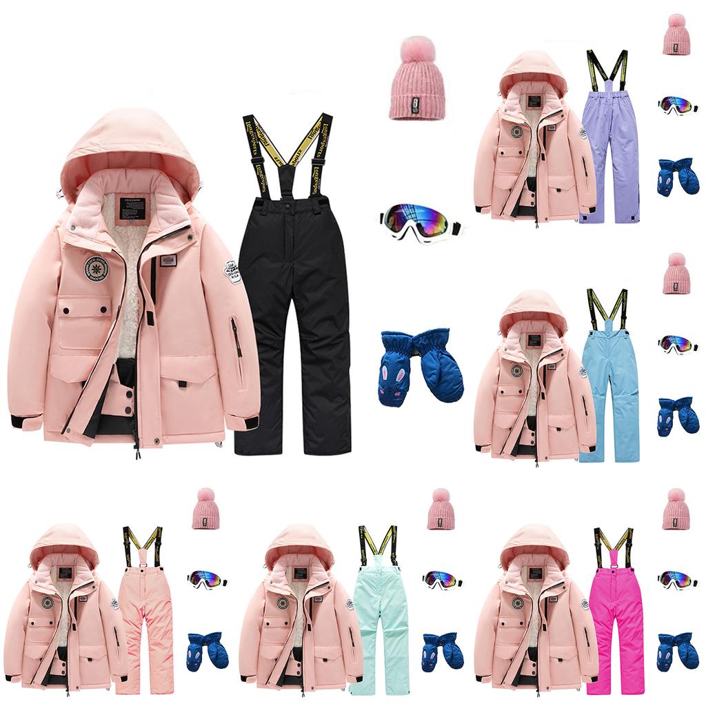 Dětská módní lyžařská souprava pro chlapce a dívky, zateplená, voděodolná, termo lyžařská souprava, pětidílný komplet s bundou a kalhotami