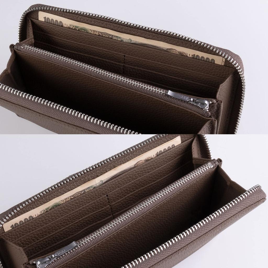 HANATORA Genuine Leather Long Wallet, Shrink Leather, Zippered, Slim, Card Case, Passbook Compartment, Bill Compartment, Simple Design, Dark
