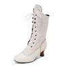 Women's Costume Cosplay Shoes Retro Mid Calf Boots Burnout Kitten Heels Front Bandage Patchwork Boots